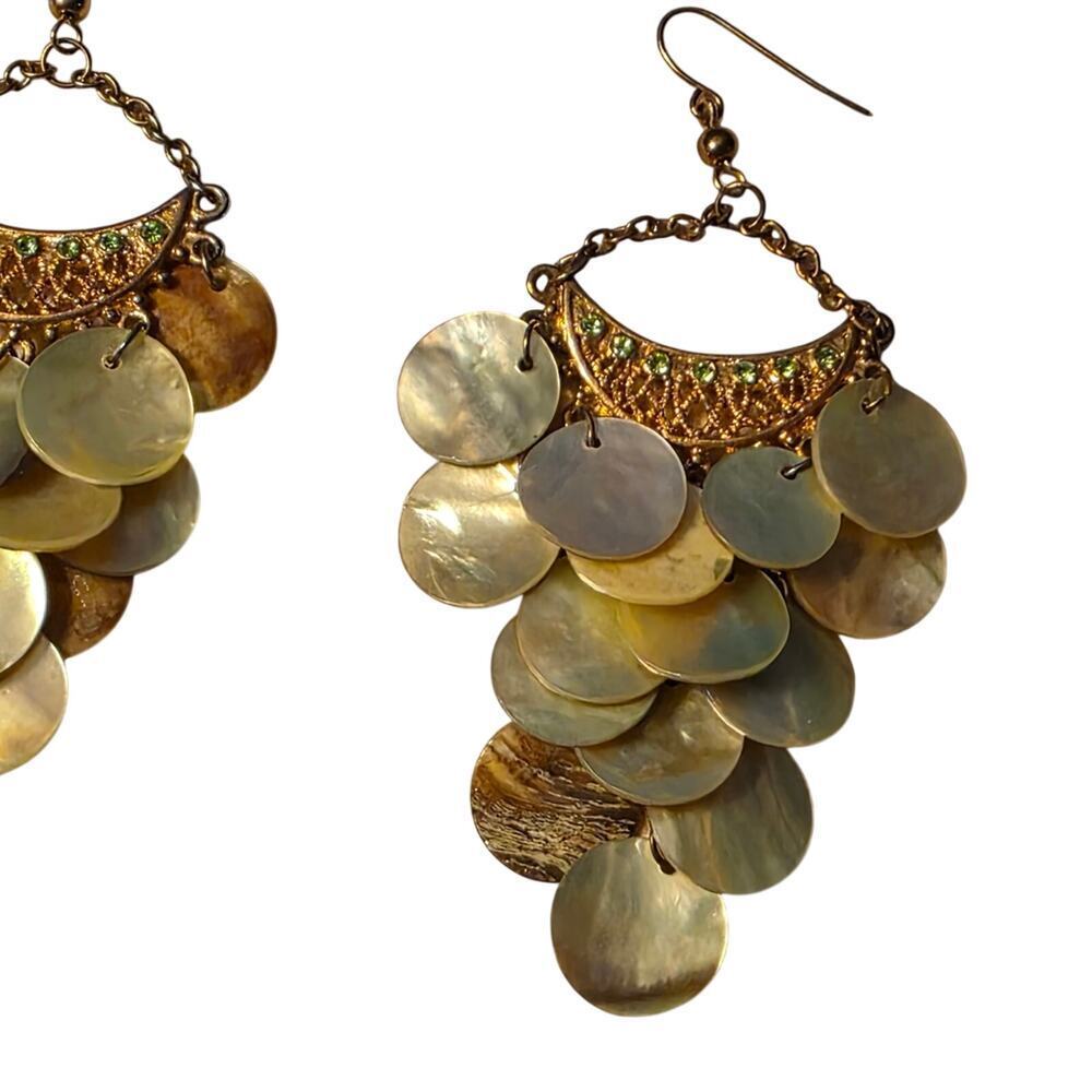 Natural Shell Chandelier Earrings Filigree Dangle Boho Statement Gold Tone 163 - Picture 2 of 8